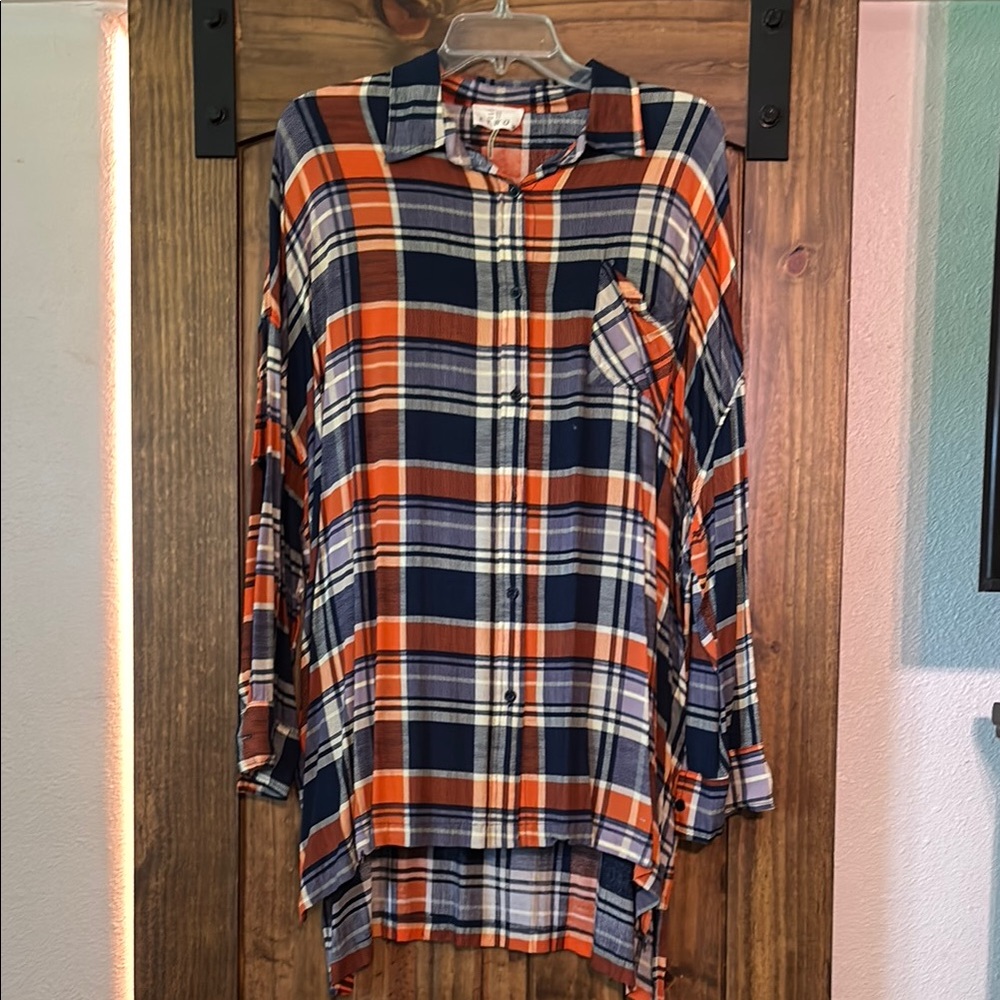 Orange and Blue Plaid Button-Up Shirt
